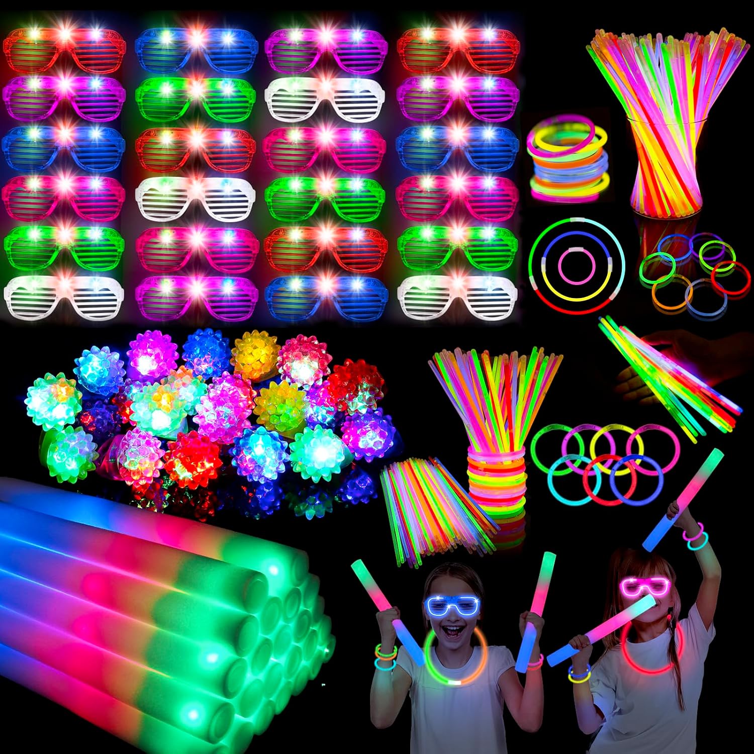 272PCS Glow in the Dark Party Supplies, Glow Sticks Bulk Party Pack, 24PCS Foam Glow Sticks, 24PCS LED Glasses, 24PCS LED Light Up Rings and 200PCS Glow Sticks for Neon Party Decorations, Wedding