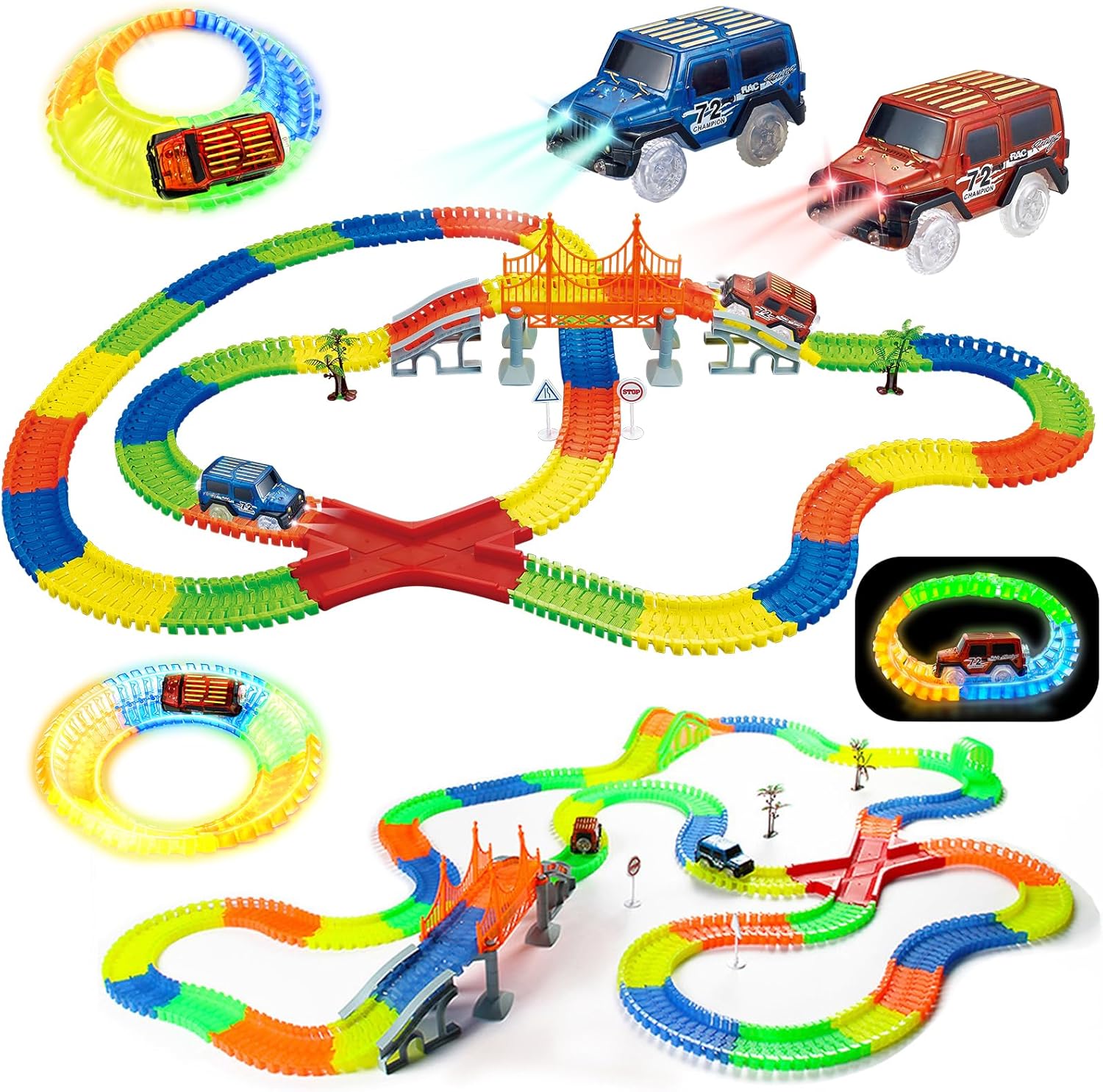 Car Track Glow in the Dark, Glow Race Tracks Toy with 2 LED Light Race Cars, 360PCS Flexible Race Track Construction Toy Gifts for 3 4 5 6 Year+Boys Girls
