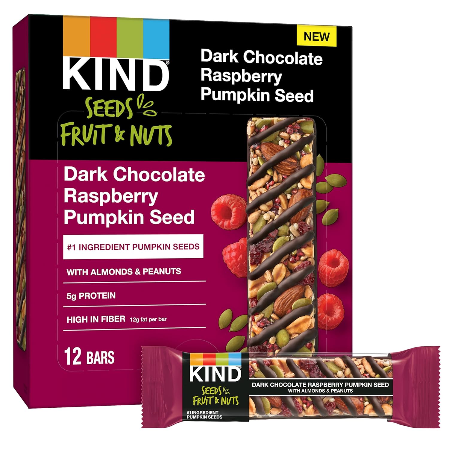 KIND Seeds Fruit & Nuts Snack Bar, Dark Chocolate Raspberry Pumpkin Seed | 5g Protein, High Fiber, Gluten Free Bars, 1.4 OZ, 12 Count
