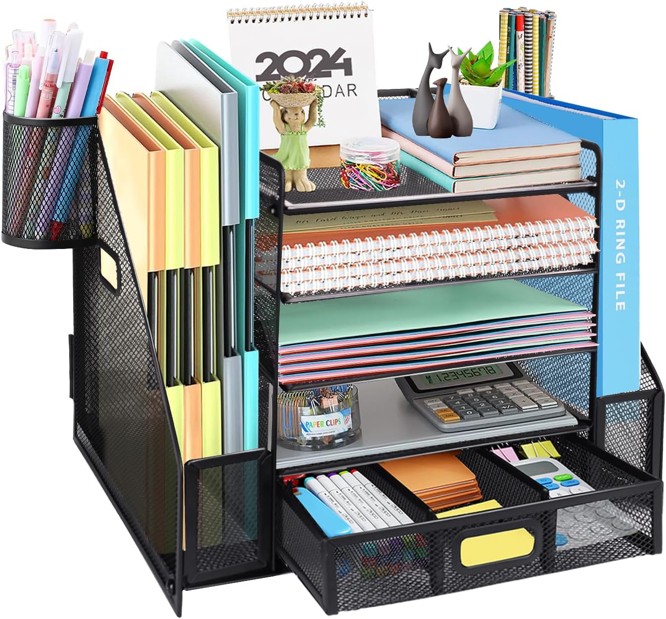 HMXLJJY Mesh Desk Organizer with File Holder, 5-Tier Paper Letter Tray Organizer with Magazine Holder, Desktop Organizer and Storage for Office Supplies Home or School, Black