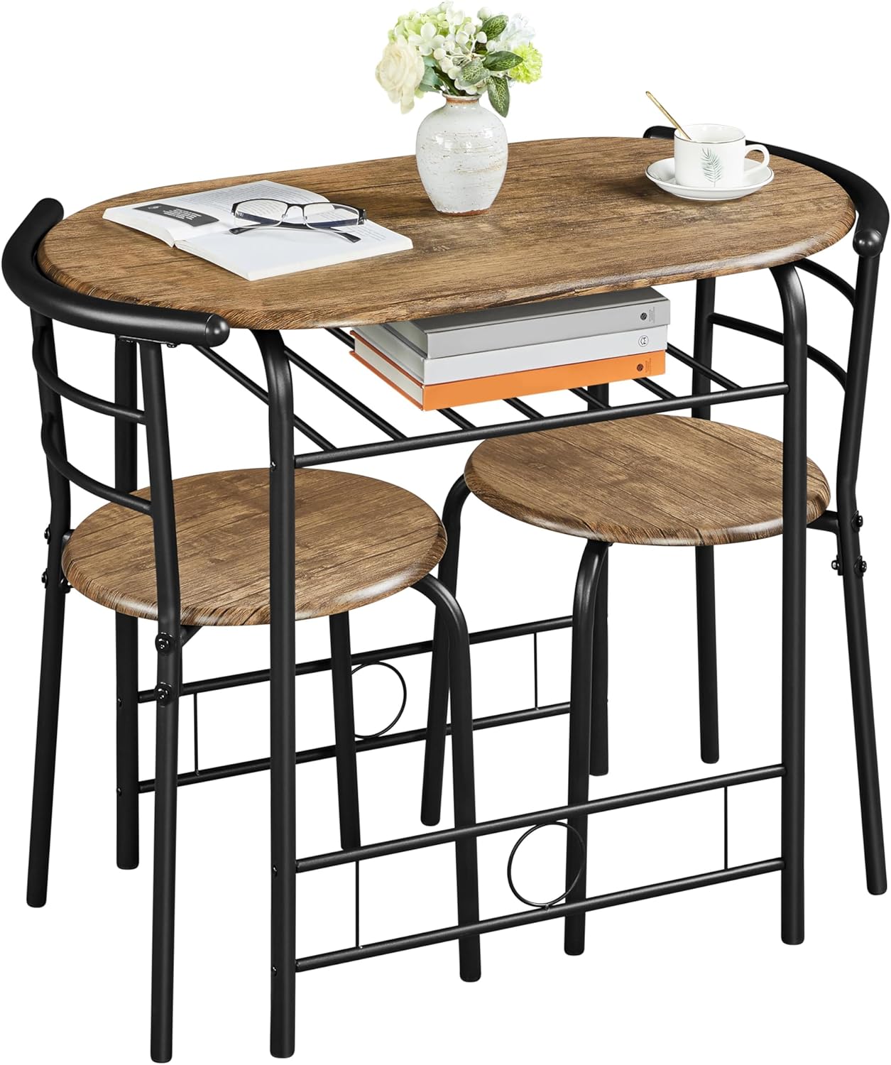 Yaheetech 3 Piece Modern Dining Table Set, Kitchen Table and Chairs Set for 2, Space Saving Table Set, Breakfast Nook Table Set with Steel Legs and Storage Rack for Kitchen/Small Space, Brown