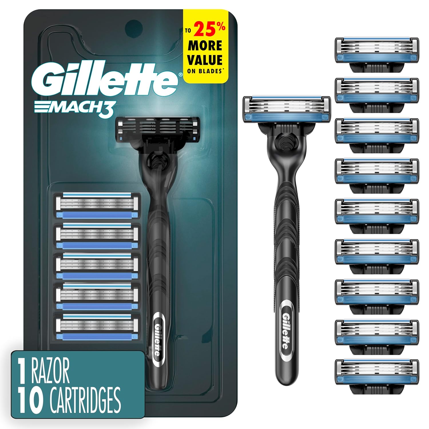 Gillette Mach3 Shaving Razor for Men, 1 Gillette 3-Blade Handle for Men’s Grooming, 10 Razor Blade Refills, Lubrication Strip
