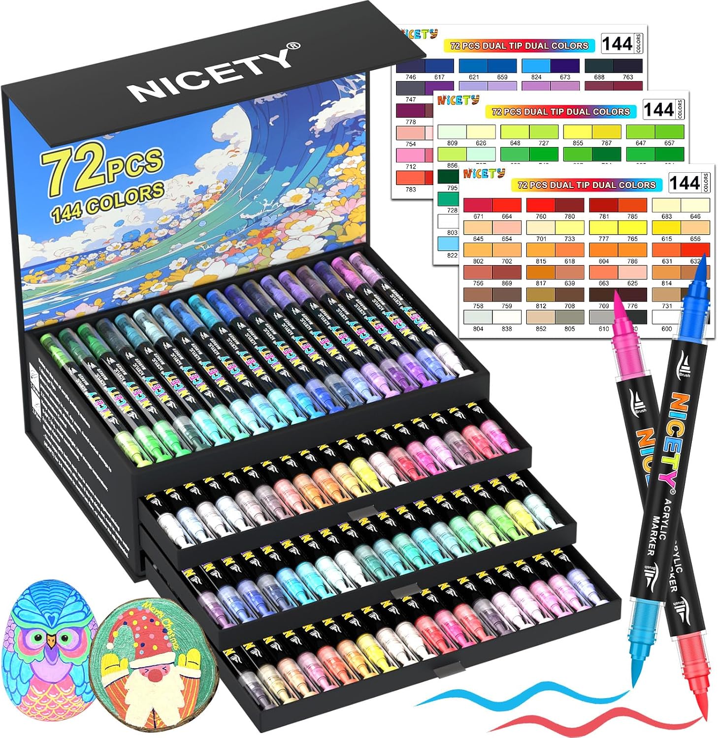 NICETY 144 Colours Acrylic Paint Pens 72 Pcs Brush Tip Markers