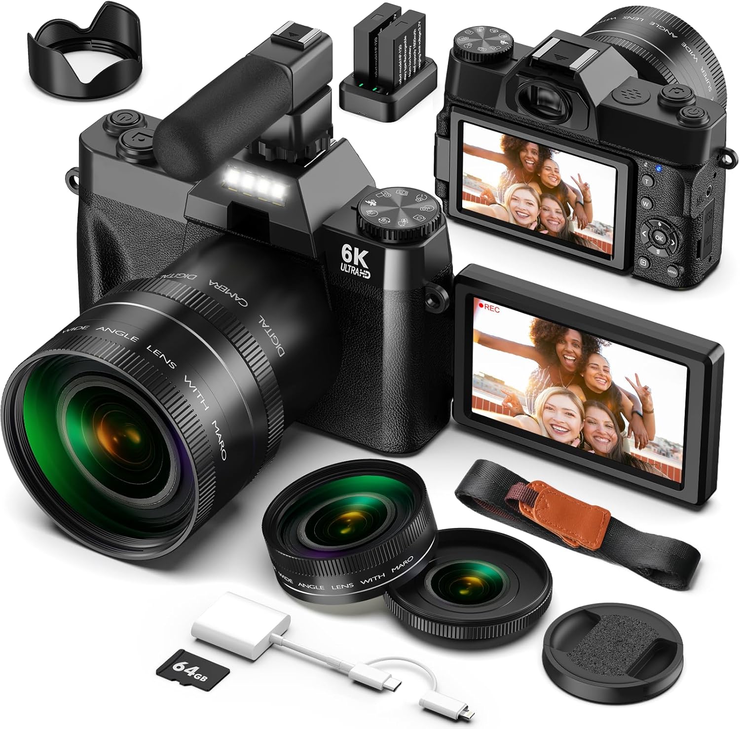 6K 64MP Digital Cameras for Photography and Vlogging with WiFi, 64GB SD Card, 16X Digital Zoom Portable Compact Photo Camera with Microphone, Macro & Wide-Angle Lens for YouTube, Travel, Beginners