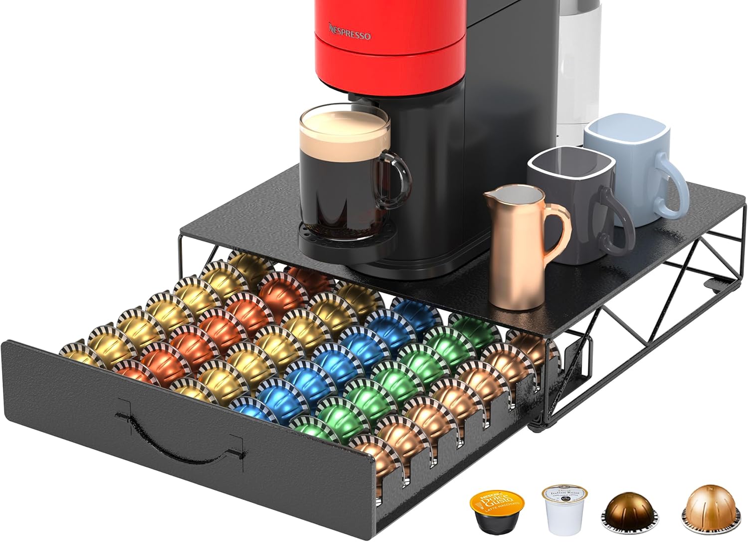 HFHOME Metal Coffee Pod Holder for 48 Nespresso Vertuo & Dolce Gusto Pods, Nespresso VertuoLine Capsule Drawer Organiser Coffee Machine Stand