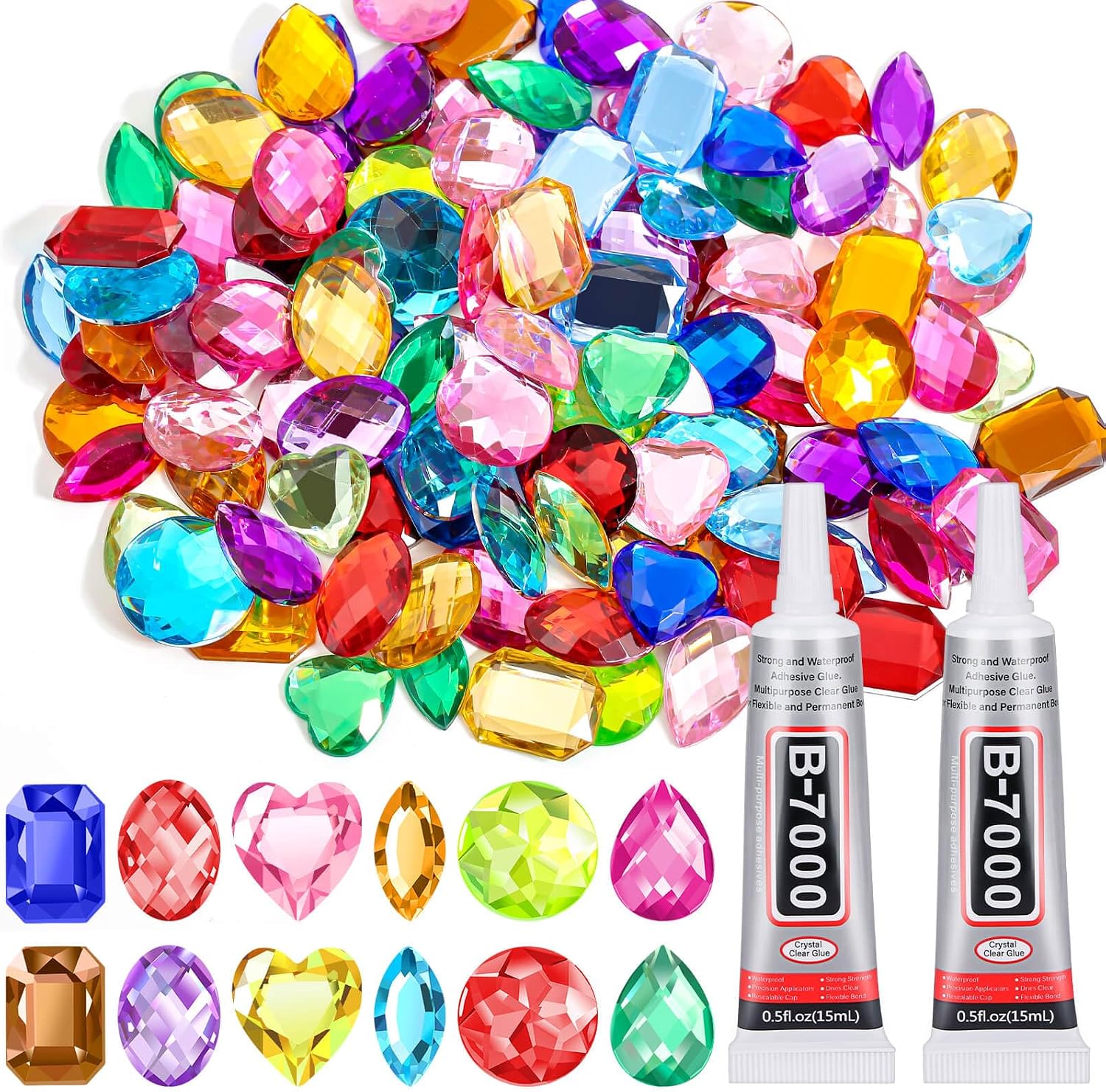 anezus 120PCS Craft Jumbo Jewels, Large Sequins with 2 Pack B7000 Jewelry Glue, Flat Back Craft Gems Rhinestones for Pirate, Fake Gemstones for Fabric, Clothing, Craft, Decoration