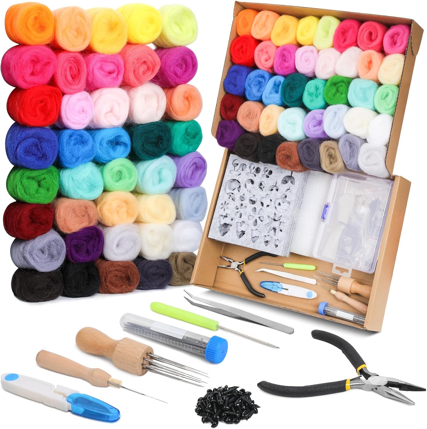Mayboos Needle Felting Starter Kit, Wool Roving 40 Colors Set | 3g per Color, Felting Kits for Beginners Adult, with Instruction Included for Felted Animal Needle Felting Supplies