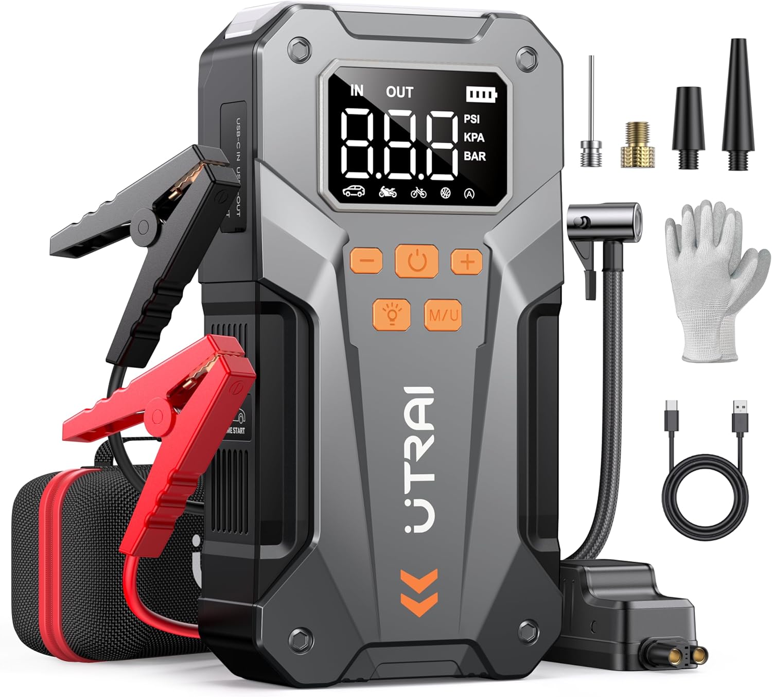 Jump Starter Power Pack with Air Compressor,UTRAI 6000A Car Battery Booster Jump Starters with Insulated Gloves/18W Fast Charging/Large LCD Display/LED Light (For All Petrol or 12L Diesel)