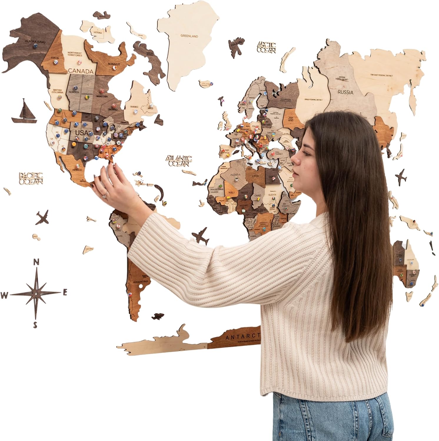 Enjoy The Wood 3D Wooden World Map Wall Art (Multicolor, M)