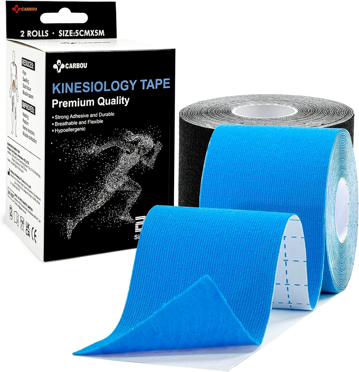 Carbou Kinesiology Tape 5cmx5m-2 Rolls Water Resistant Strips,Elastic Cotton Athletic Tape for Muscle Strain Relief & Joint Support Blue and Black