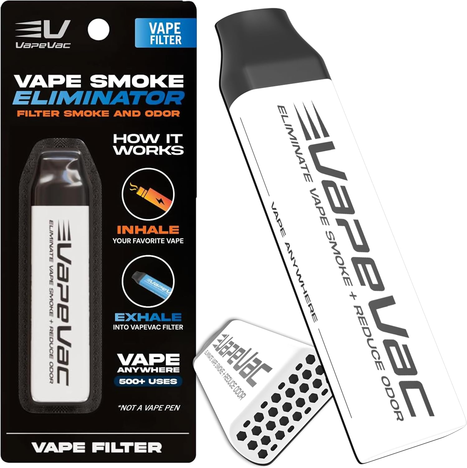 VapeVac (Registered Amz Brand) – Pocket-Sized Personal Air Filter for Discreet Output Reduction | Minimizes Odor, Keeps Air Fresh | Not an Emission Device – 500+ Uses (White)