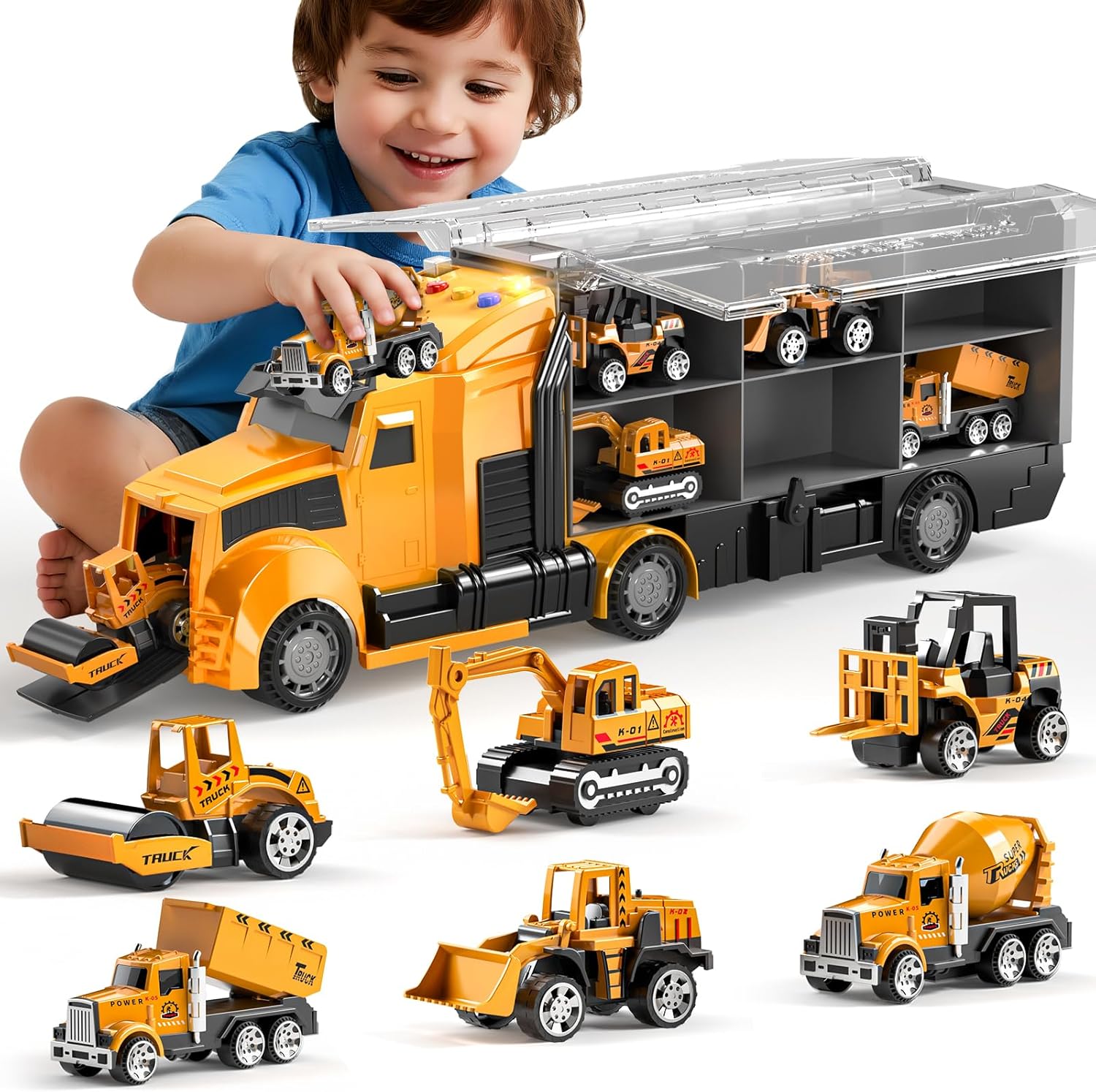 Construction Trucks Toy Set with Play Mat, Carrier Truck Play Vehicles Set for 3 4 5 6 Years Old Boys Kids, Die-Cast Car Toy for Toddlers 3-4 Years, Birthday Gifts Toys for 3-9 Year Old Boys