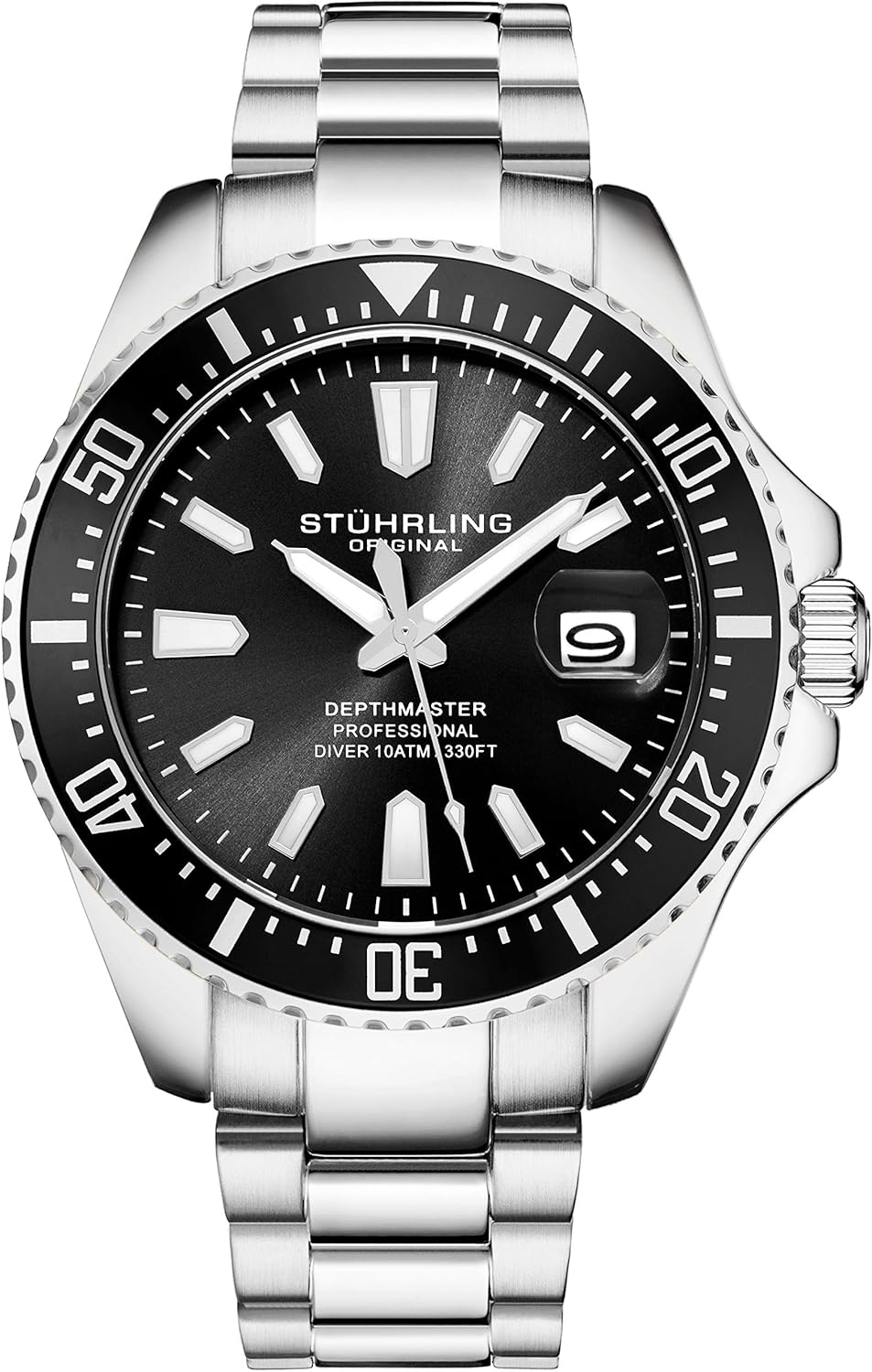 Stuhrling Original Men's Watches Dive Watch Black Dial 42MM Silver Stainless Steel Bracelet Water Resistant to 330 FT