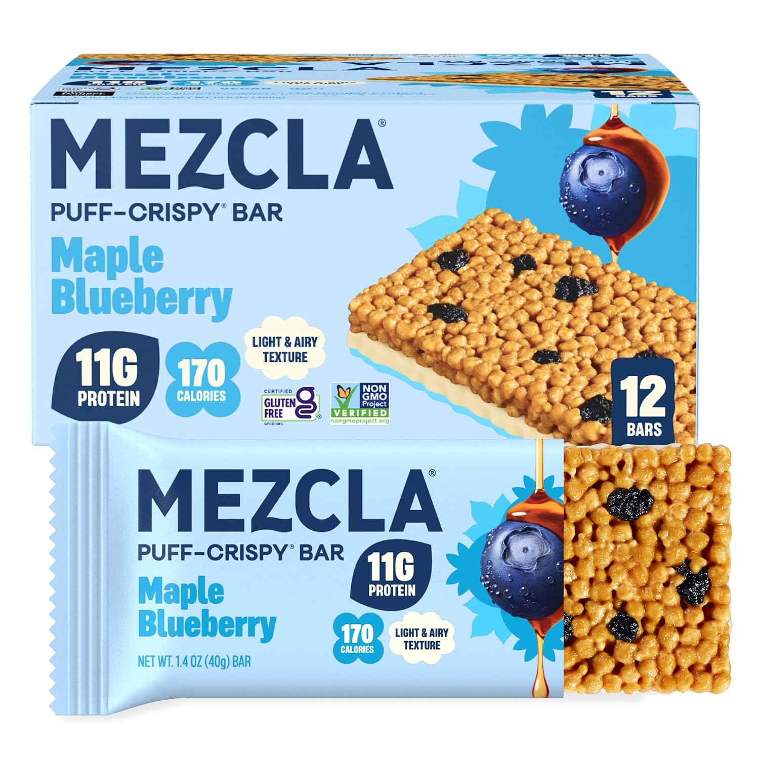 Mezcla Maple Blueberry Snack Bars, 11G Plant Based Pea Protein Treat, 12 Ct