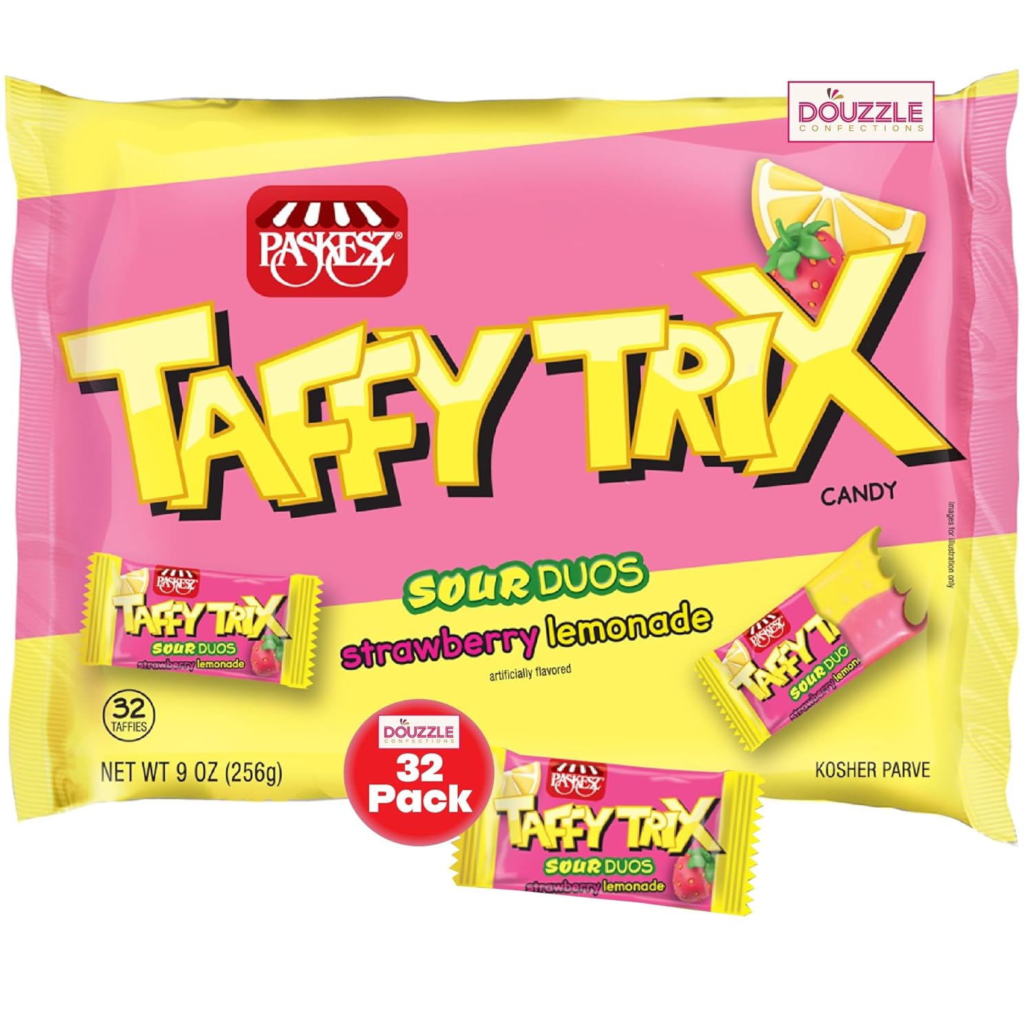 DOUzzle Back To School Taffy Trix Candy Mini Bars, Sour Duos Strawberry & Lemonade (32 Count, 1 Pack) Individually Wrapped, Party Favor, Goodie Bag & Pinata Filler - Kosher Parve