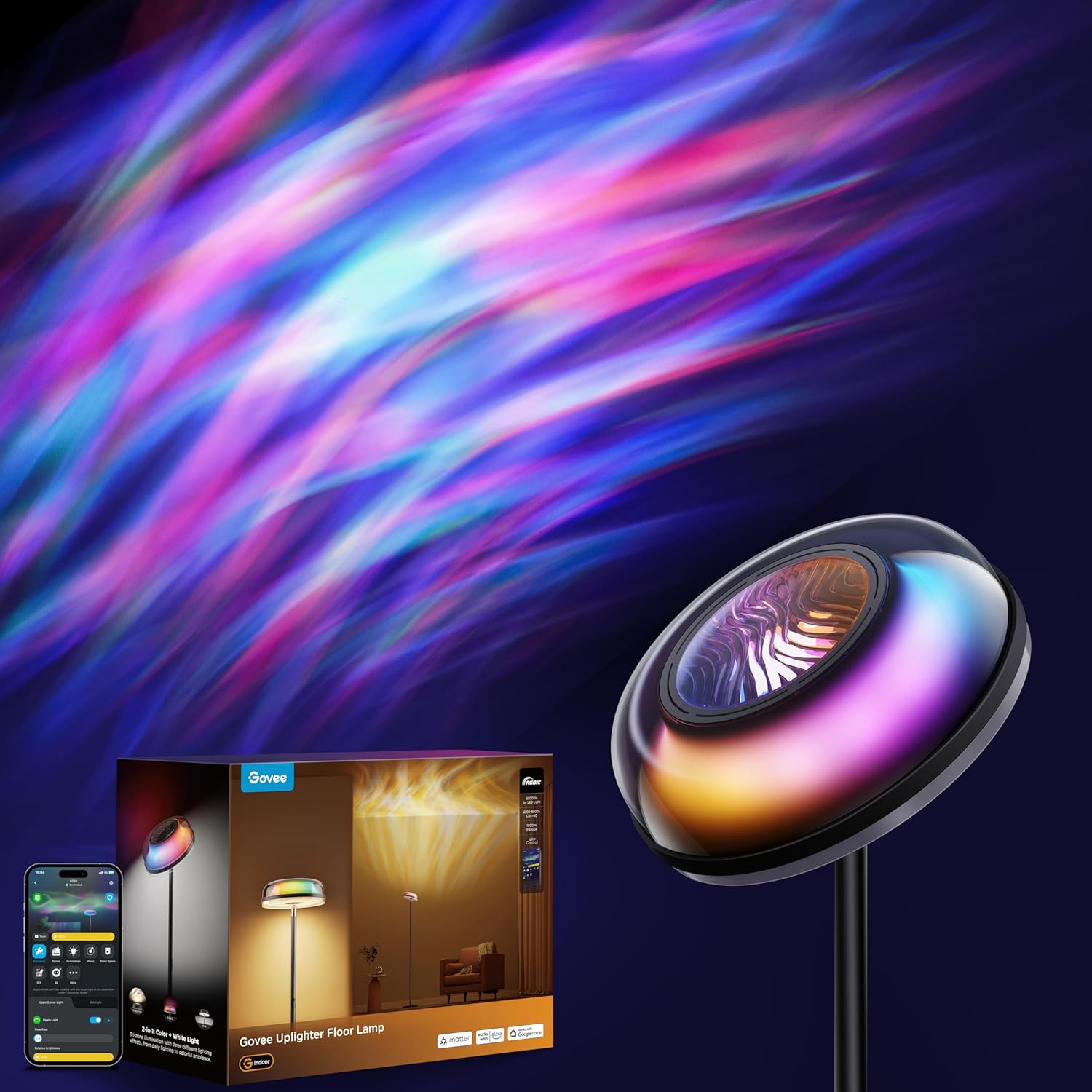 Govee Uplighter Floor Lamp for Living Room, RGBIC Ripple Projector, Smart Floor Lamp for Bedroom Works with Matter, 215 ft² Light Area, LED Modern Corner Floor Light, Warm Cool White Standing Lamp