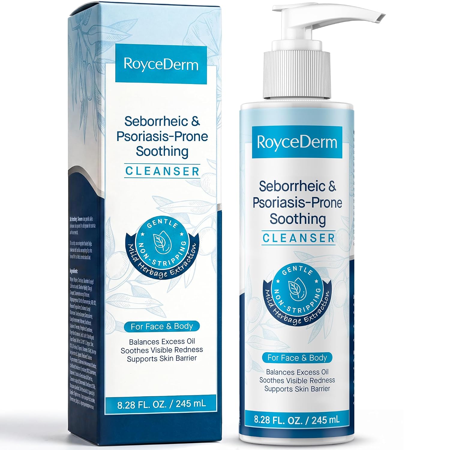RoyceDerm Seborrheic Dermatitis Face & Body Wash - Foaming Daily Face Wash for SD-Prone and Psoriasis-Prone, Oily, Flaky, Redness-Prone and Sensitive Skin - Fragrance-Free, 8.45 Fl Oz