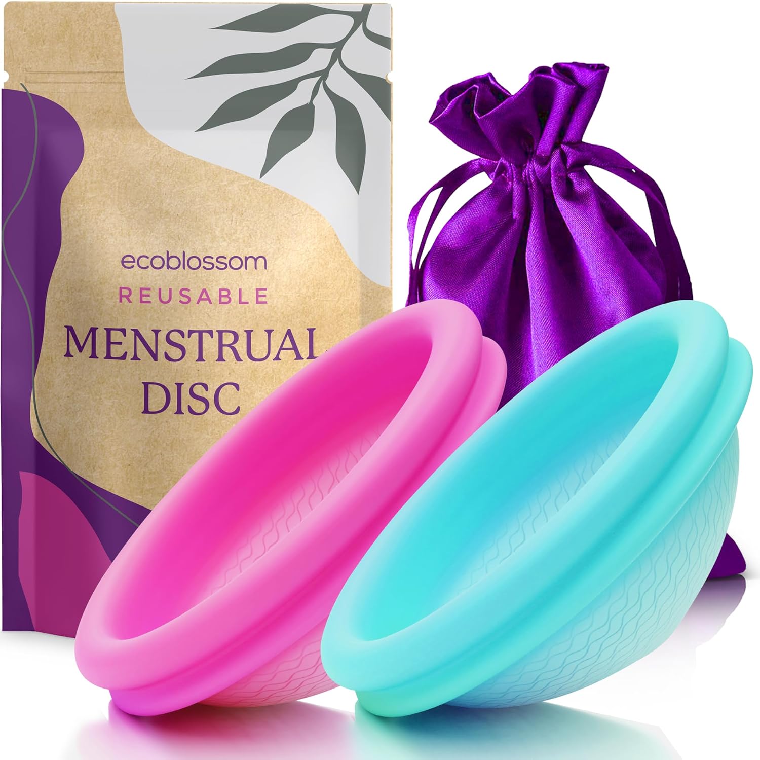 Ecoblossom Reusable Menstrual Disc - Set of 2 Menstrual Cup - Soft Period Disc for Women Designed with Flexible, Medical-Grade Silicone Period Cup (Large (Pack of 2), Magenta)