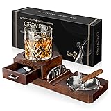 Cigar Ashtrays, Whiskey Glass Tray and Wooden Ash Tray Detachable Outdoor Ashtray for Cigarettes, Cigar Accessories Gift Set with Cigar Cutter, Great Decor for Home Office Cigar Gifts for Men