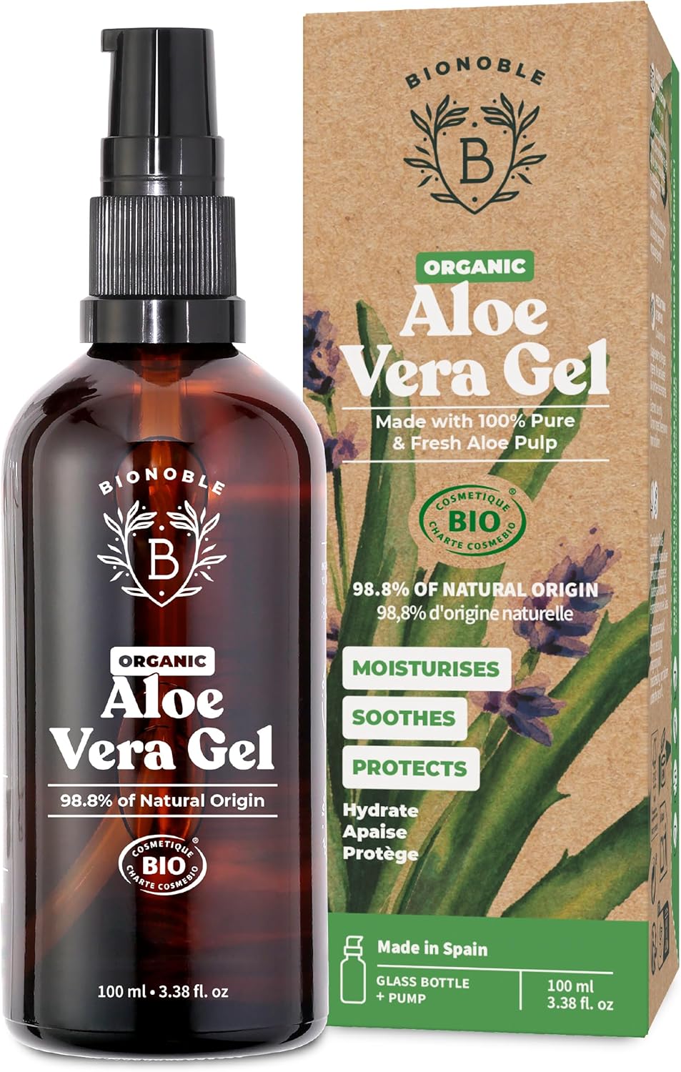 Bionoble Organic Aloe Vera Gel 100ml - Made with 100% Pure Fresh Aloe Pulp and Organic Lavender - Xanthan Free - Face, Eye Contour, Body, Hair - Glass Bottle + Pump
