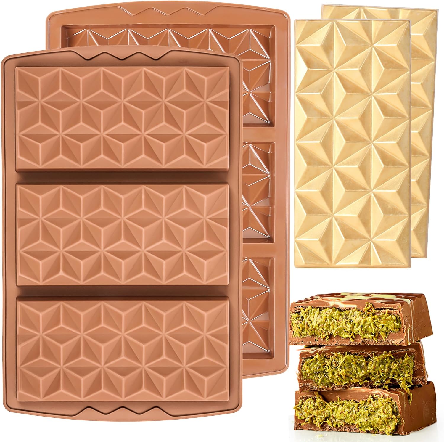 2 Pcs Chocolate Bar Mold Deep Silicone Large Chocolate Molds Break Apart Pyramid Shape Thick Candy Bar Molds