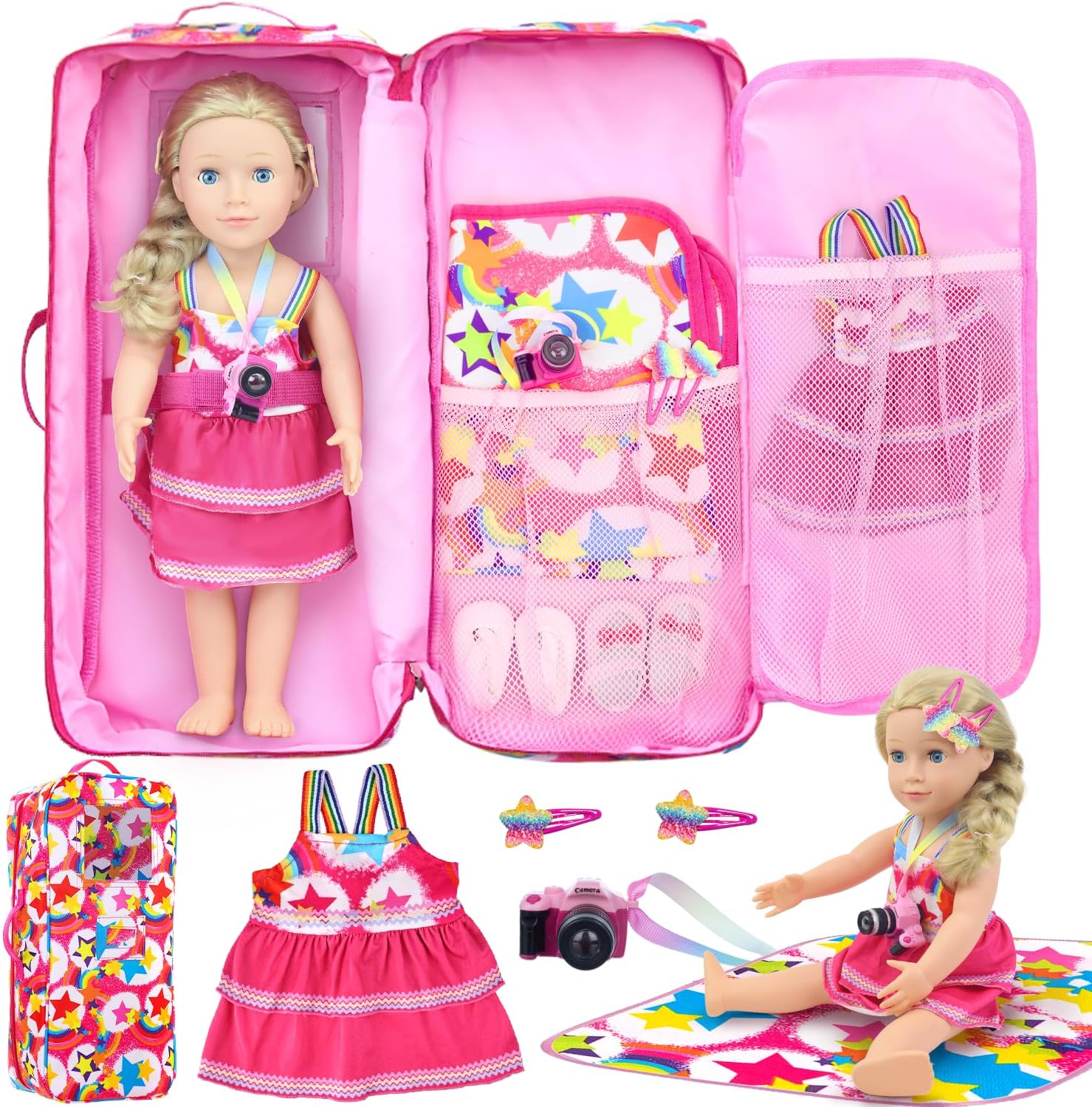 K.T. Fancy 6 Pcs 18 Inch Doll Carrier Bag Set and Accessories Including Girl Doll Clothes, Hair Clip, Picnic Blanket, Mini Toy Camera