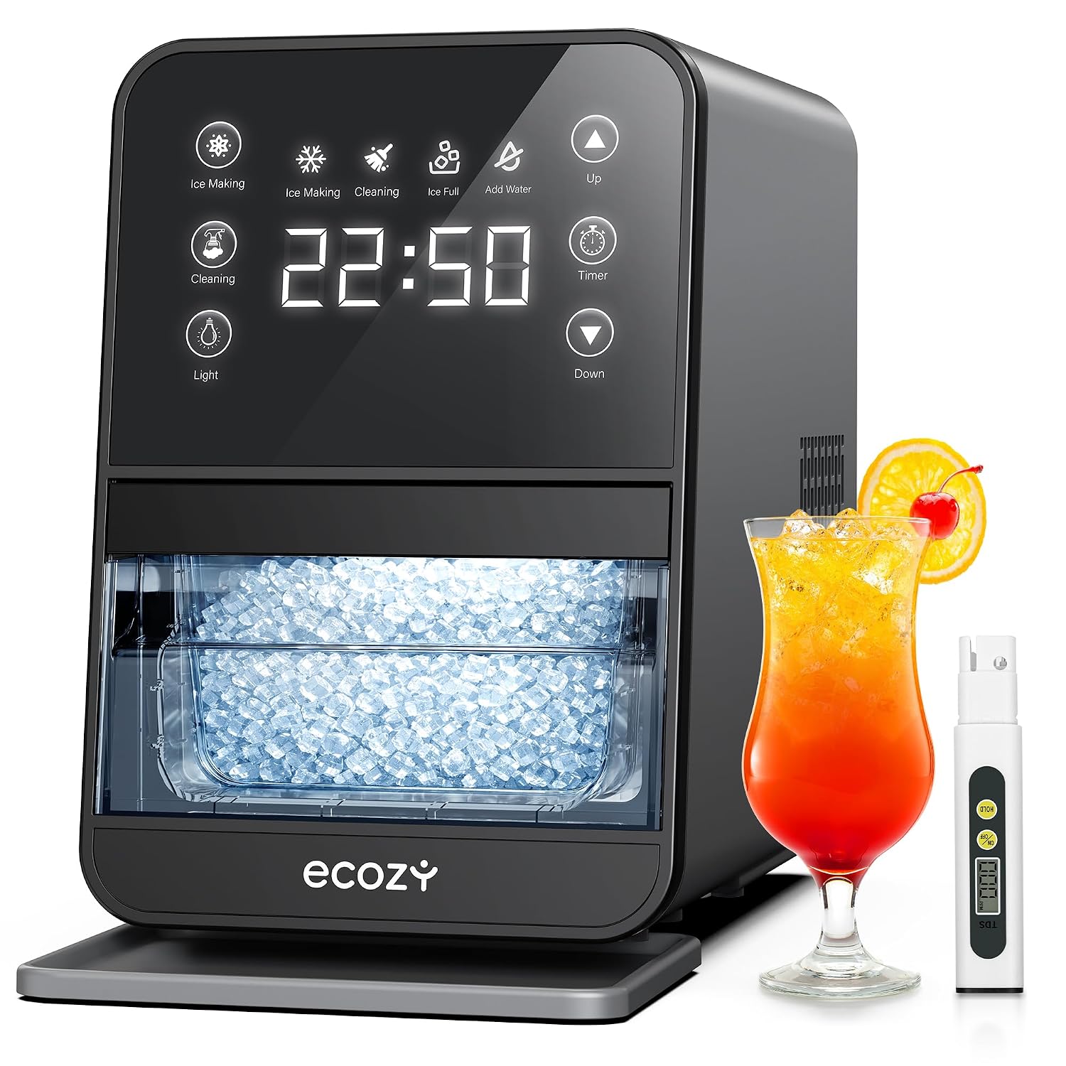 ecozy Nugget Ice Maker Countertop, 40Lbs/Day Chewable Pebble Ice, TDS Meter
