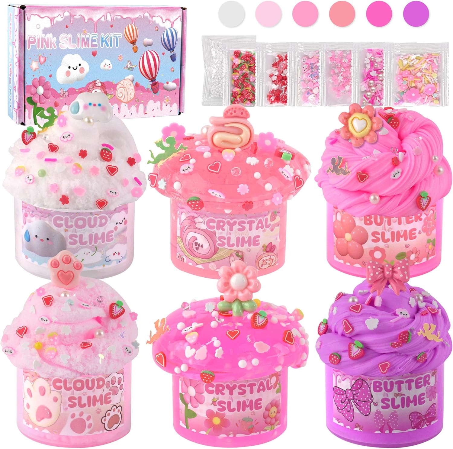 LAWOHO 6 Packs Gradient Pink Slime Kit - Cloud, Clear & Butter Slime Making Kit for Kids, Soft & Non Sticky Fluffy Slimes Kits for Girls & Boys with Cute Charms & Add-ins, 360ml Slimes Party Favors