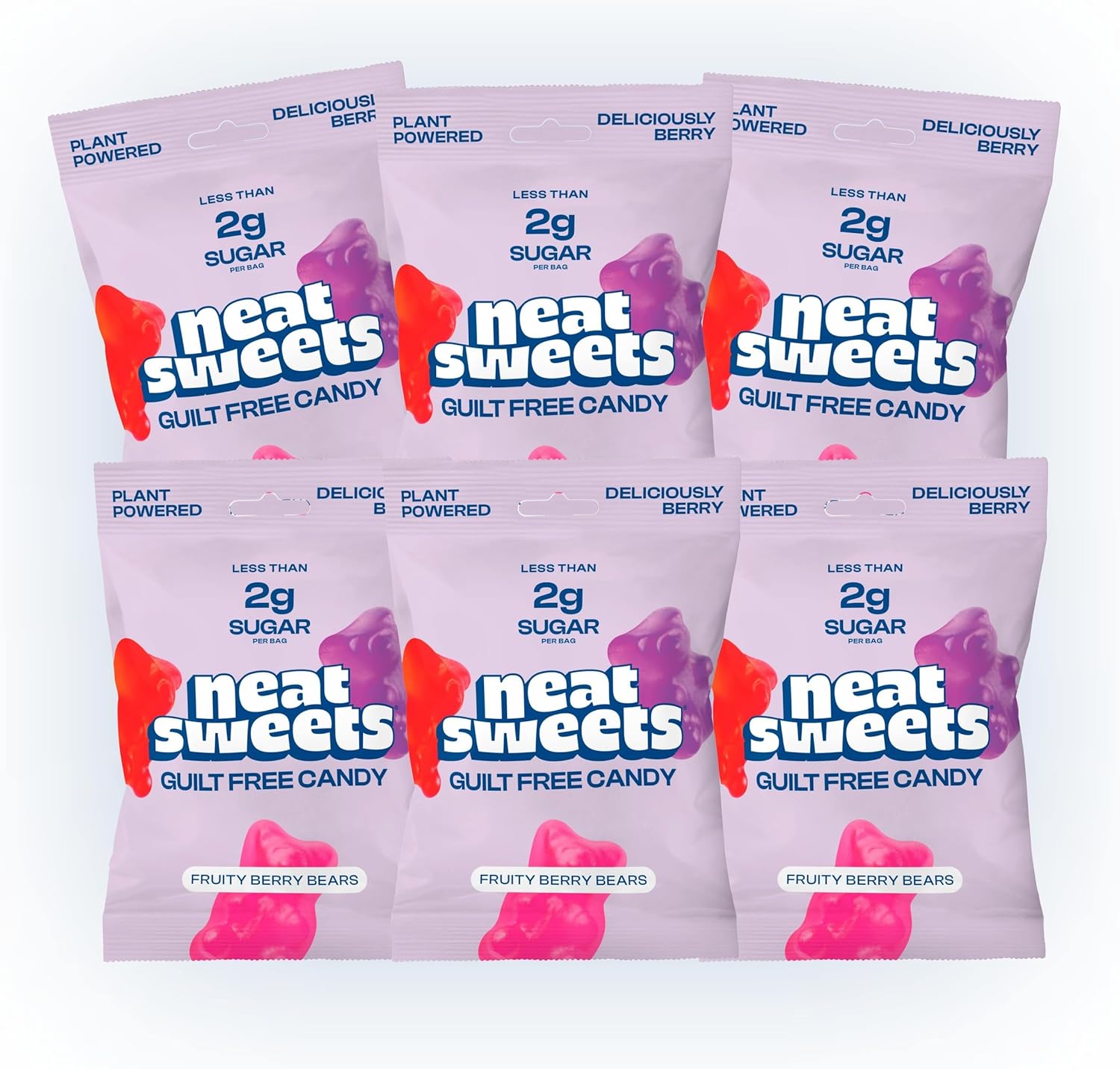 NeatSweets Vegan Sweets with Low Sugar - High Fibre, Gluten Free Plant Based Gummy Bears - 1.6g of Sugar per 50g Low Calorie No Added Sugar Guilt-Free Delicious Candy, Fruity Berry Bears x6 50g Packs