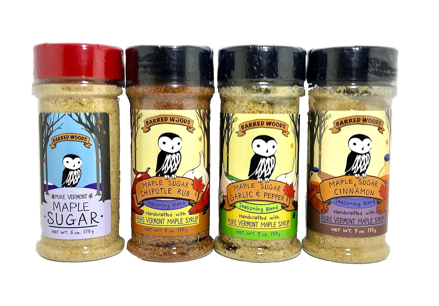 Maple Seasonings - Box of 4 Jars of Pure Maple Sugar and Spices For Cooking, Grilling and Baking - Perfect Vermont Gift - From Barred Woods Maple Products