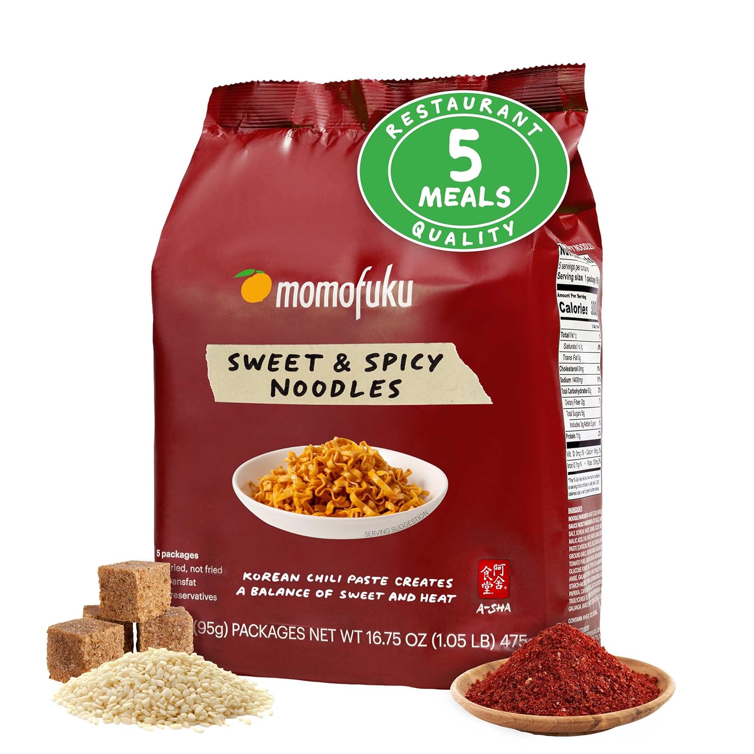 Momofuku Sweet & Spicy Ramen Noodles by David Chang, 5 Count (Pack of 1) Air-Dried Vegan Instant Noodles with Sauce