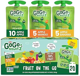 GoGo squeeZ Applesauce and Fruit Puree Variety Pack, Apple, Mango & Banana, 3.2 oz (Pack of 20), Unsweetened Fruit Snacks for Kids, Gluten Free, Nut Free and Dairy Free, BPA Free Pouches