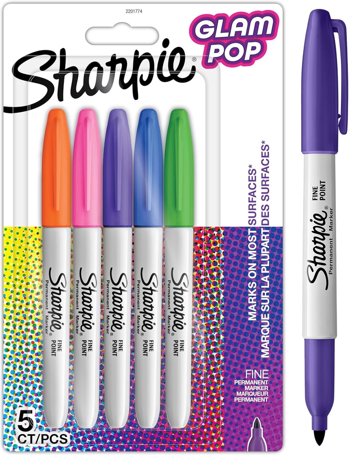 Sharpie Glam Pop Permanent Markers | Fine Point for Bold Details | Assorted Vibrant Colours | 5 Marker Pens