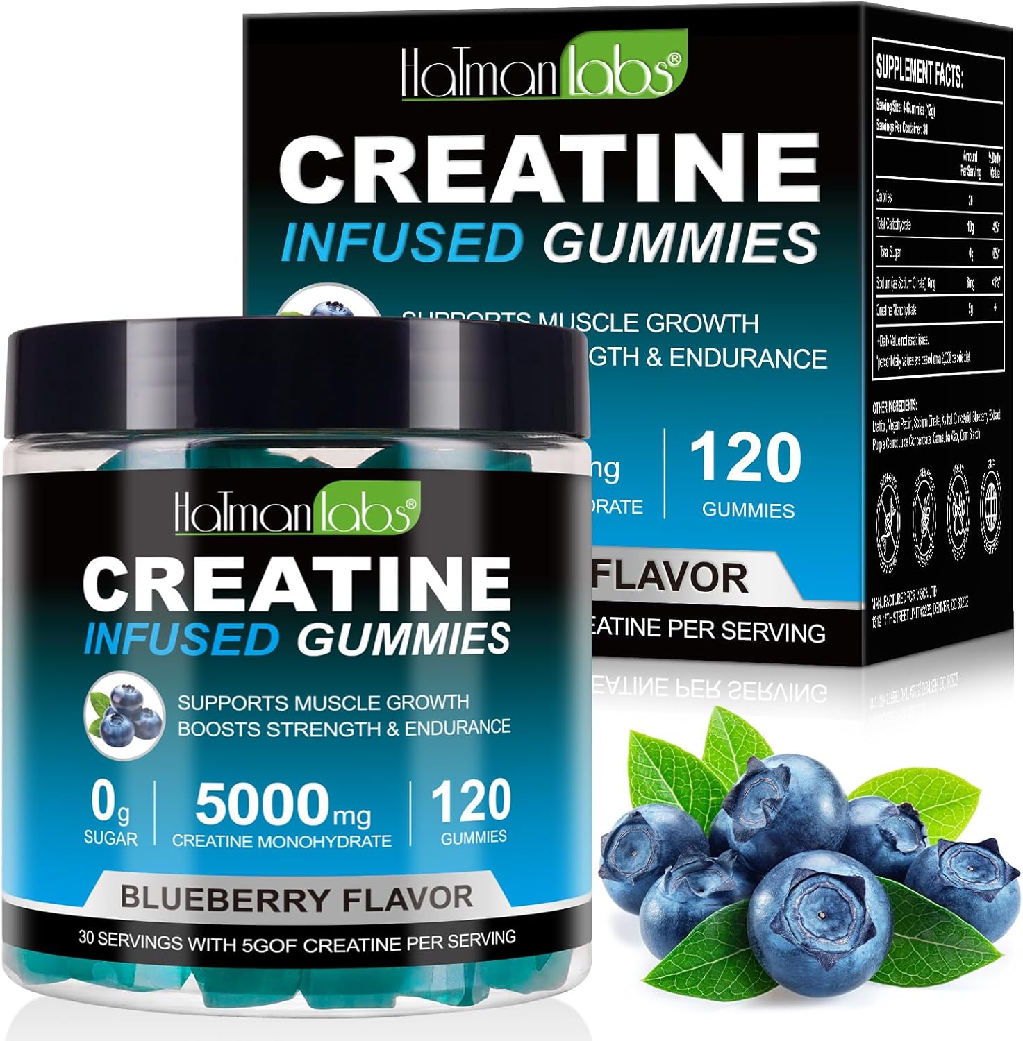 Creatine Gummies - Max 5000mg Creatine Monohydrate Gummies for Men and Women, 120 Chewable Vegan Gummies, Blueberry Flavour- 1 Months Supply, Suger Free