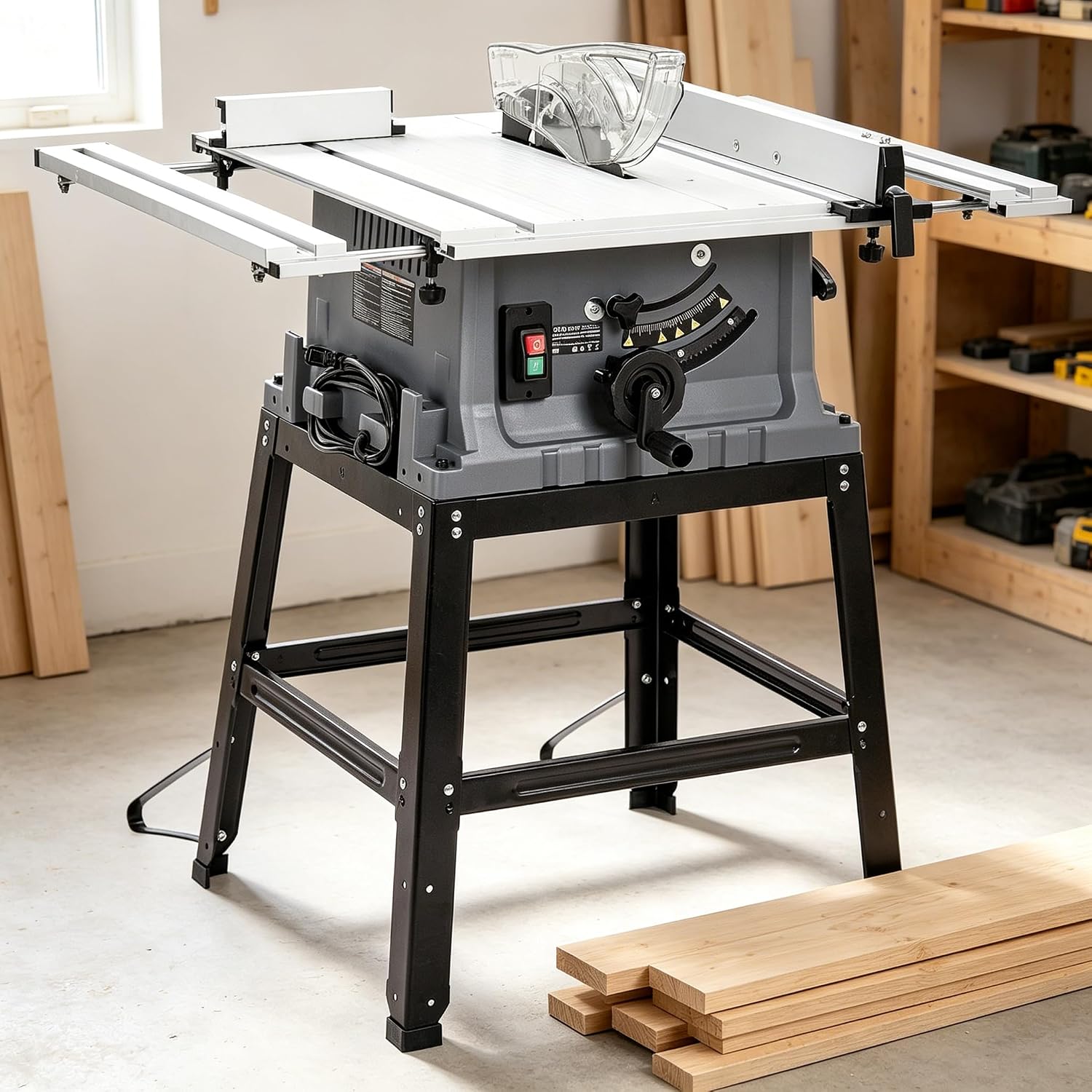Jojoka 10" Table Saw 15A 5000RPM Portable Benchtop with Stand, Adjustable Blade Height, 90° Crosscut & 0-45° Bevel, Dust Collector, Multi-Purpose for Woodworking Metal Plastic, Gray