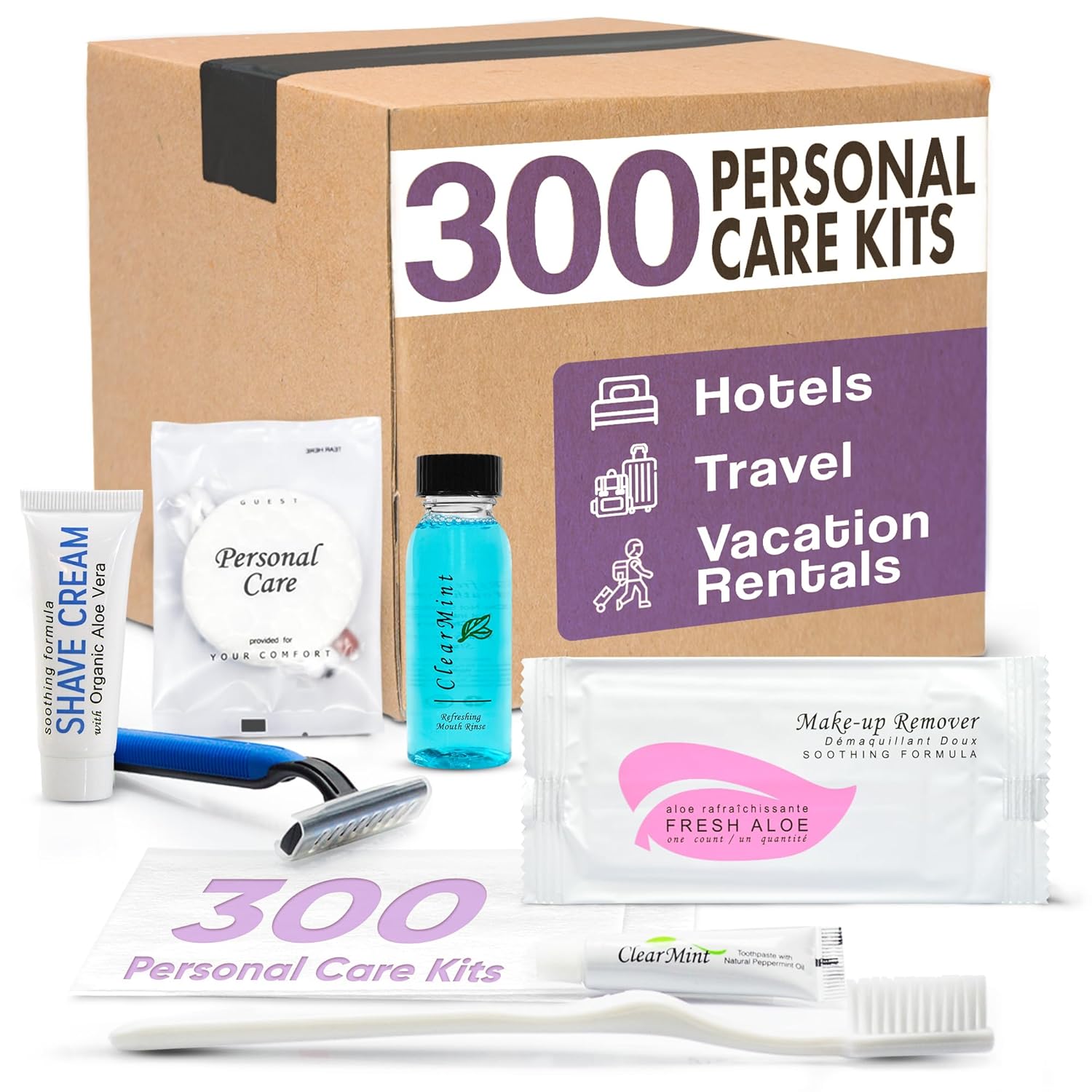Personal Care Travel Toiletries | 1-Shoppe Amenities Kit | Travel Shaving Set, Toothbrush & Paste, Mouthwash, Makeup Wipes, Swabs, Nail File & Sewing Kit | 300 Pieces