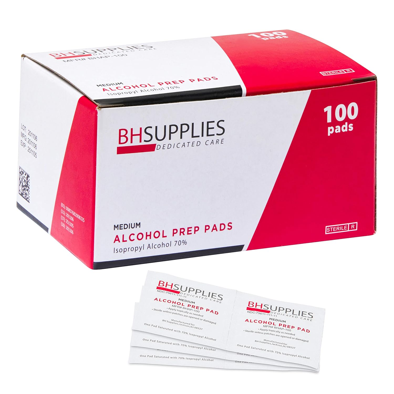 BH Supplies Alcohol Prep Pads | Medical Grade, Sterile, Individually Wrapped, 70% Isopropyl Alcohol, Medium 2-Ply, 100-Pack