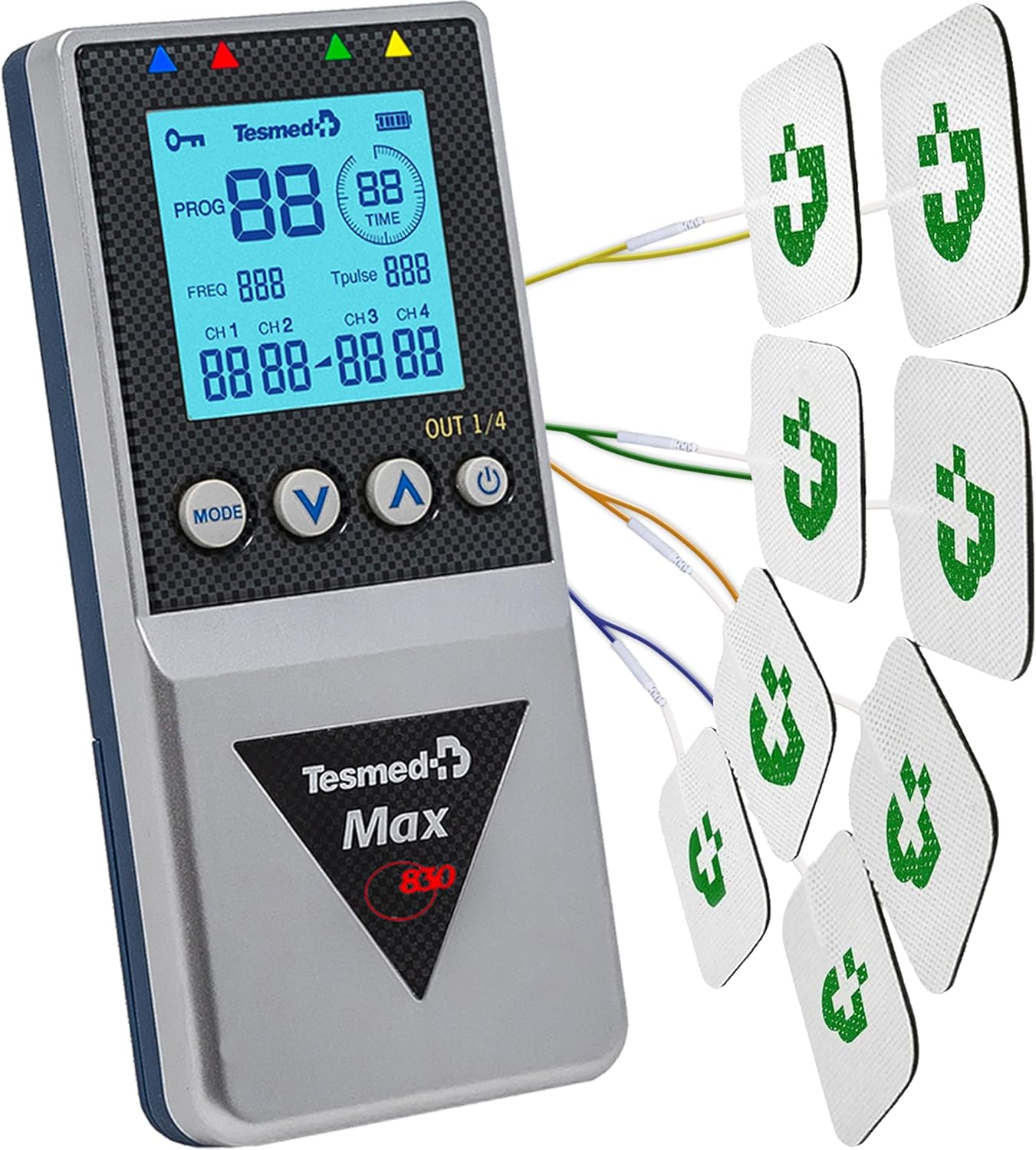 TESMED Max 830: Professional Muscle Stimulator with TENS/EMS/Massage Programs with Sequential Stimulations, 4 Channels, 115 Programs (20 Customizable), Rechargeable, 20 Electrodes Included