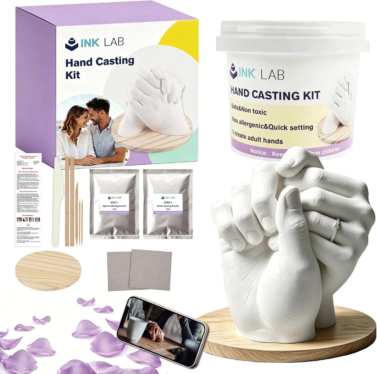 INK LAB 3D Hand Casting Kit for Couples, Holding Hands Moulding Kit with Complete DIY Set, Non-Toxic Alginate & Plaster, Wooden Base, Perfect Keepsake Present for Weddings, Anniversaries & Family