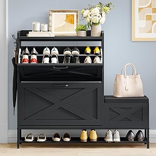 DWVO Farmhouse Shoe Storage Cabinet with 2 Flip Drawers for 16 Pairs, Entryway Shoe Storage with Shoe Bench, Narrow Slim Shoe Cabinet for Entryway, Living Room, Hallway (Black)