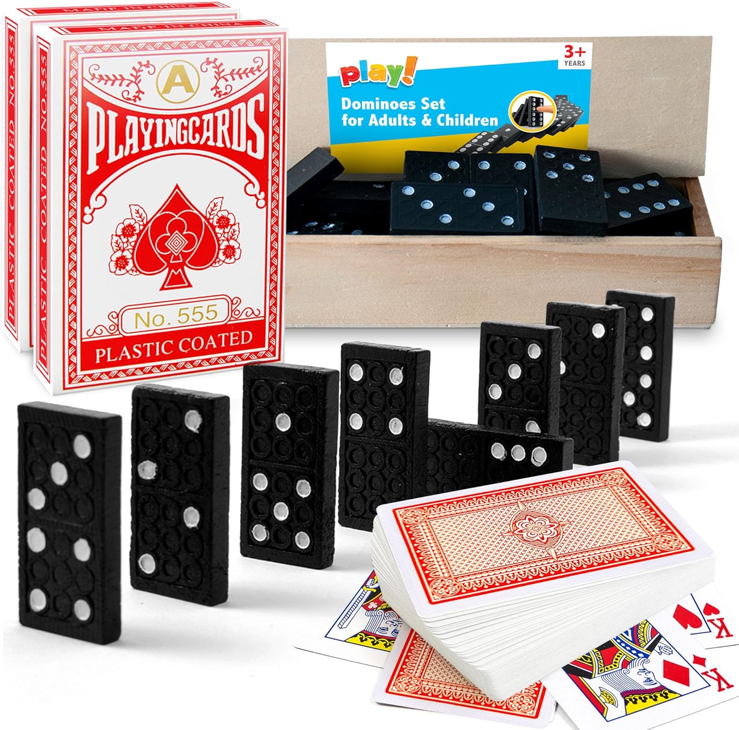SOL 2pk Playing Cards and 28pk Dominoes Set for Adults or Children, Standard Plastic UK Deck Multi pack, Waterproof Poker, Dominos in Wooden box, Traditional Fun Game with Family and Friends