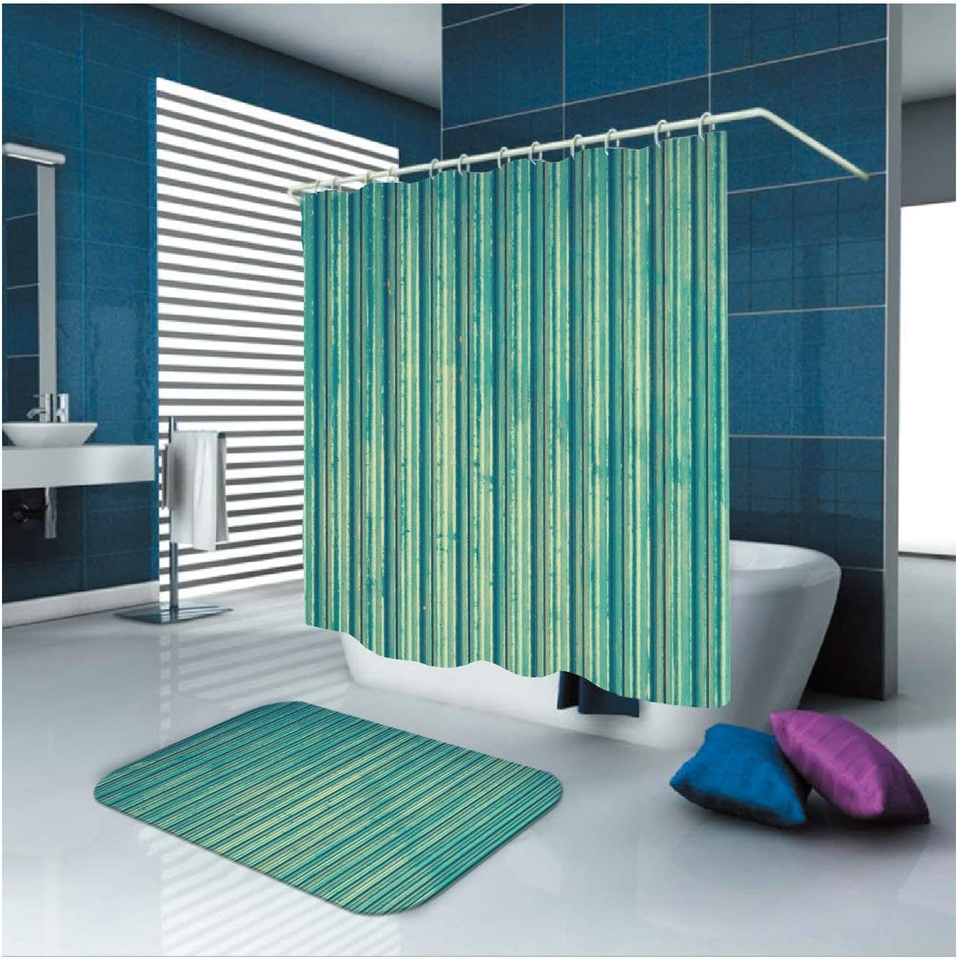 KnSam Polyester Shower Curtain and Floor Mat Set Stripes Width 165 cm Height 180 cm Blue