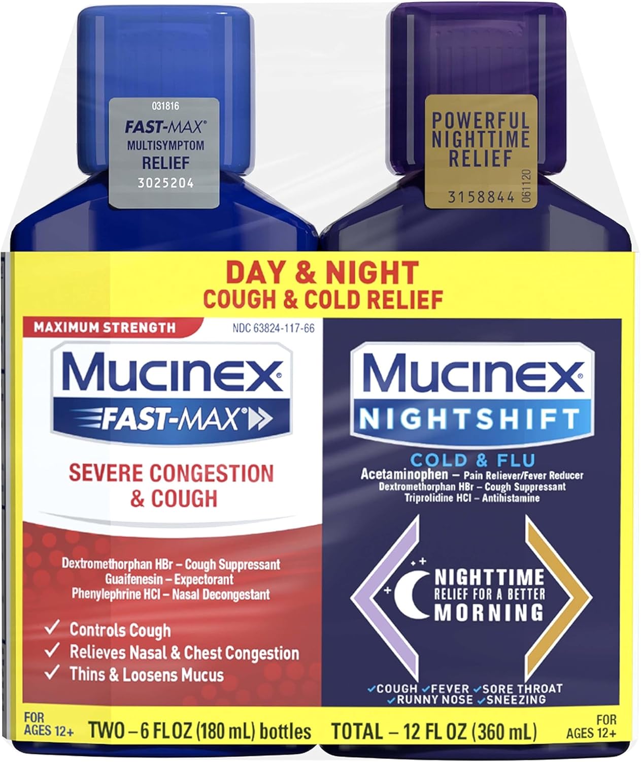 Mucinex Fast-Max & NightShift Combo Pack - Max Strength Cough & Cold Medicines For Mucus Relief, Chest Congestion, Nasal Congestion, Sinus Congestion, Sinus Pressure, Cough Symptom Relief (2x 6 FL OZ)