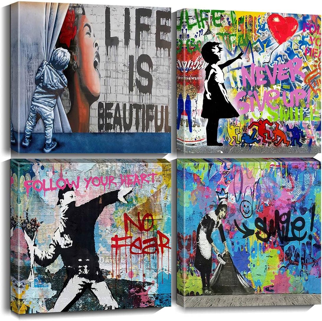 Biufo Banksy Canvas Wall Art Artwork Graffiti Street Print Pictures for Bedroom Living Room Wall Decor (12"x12"x4Pcs)