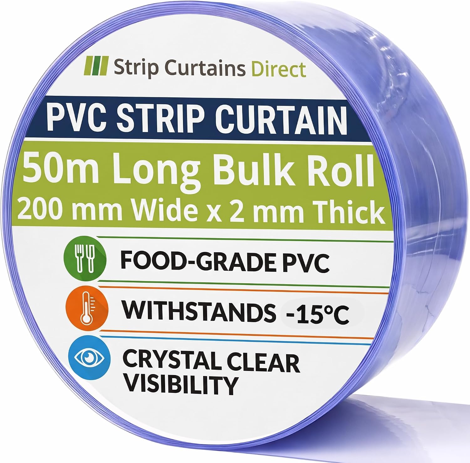 SCD PVC Strip Curtain 200mm x 2mm x 50m Long Bulk Roll, for Personnel Doors