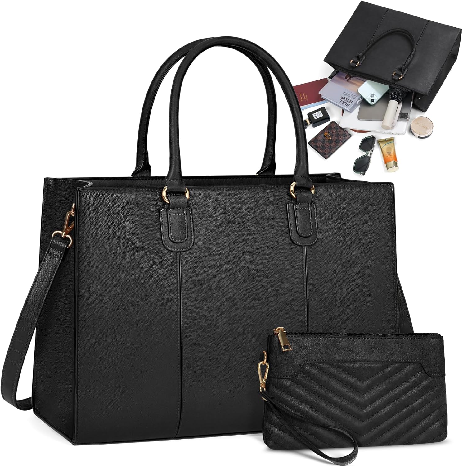NEWHEY Laptop Bag for Women 15.6 Inch Large Work Tote Bag with Clutch Bag Designer PU Leather Briefcase Ladies Handbag with Laptop Pocket Messenger Shoulder Bag for School Office Travel Business