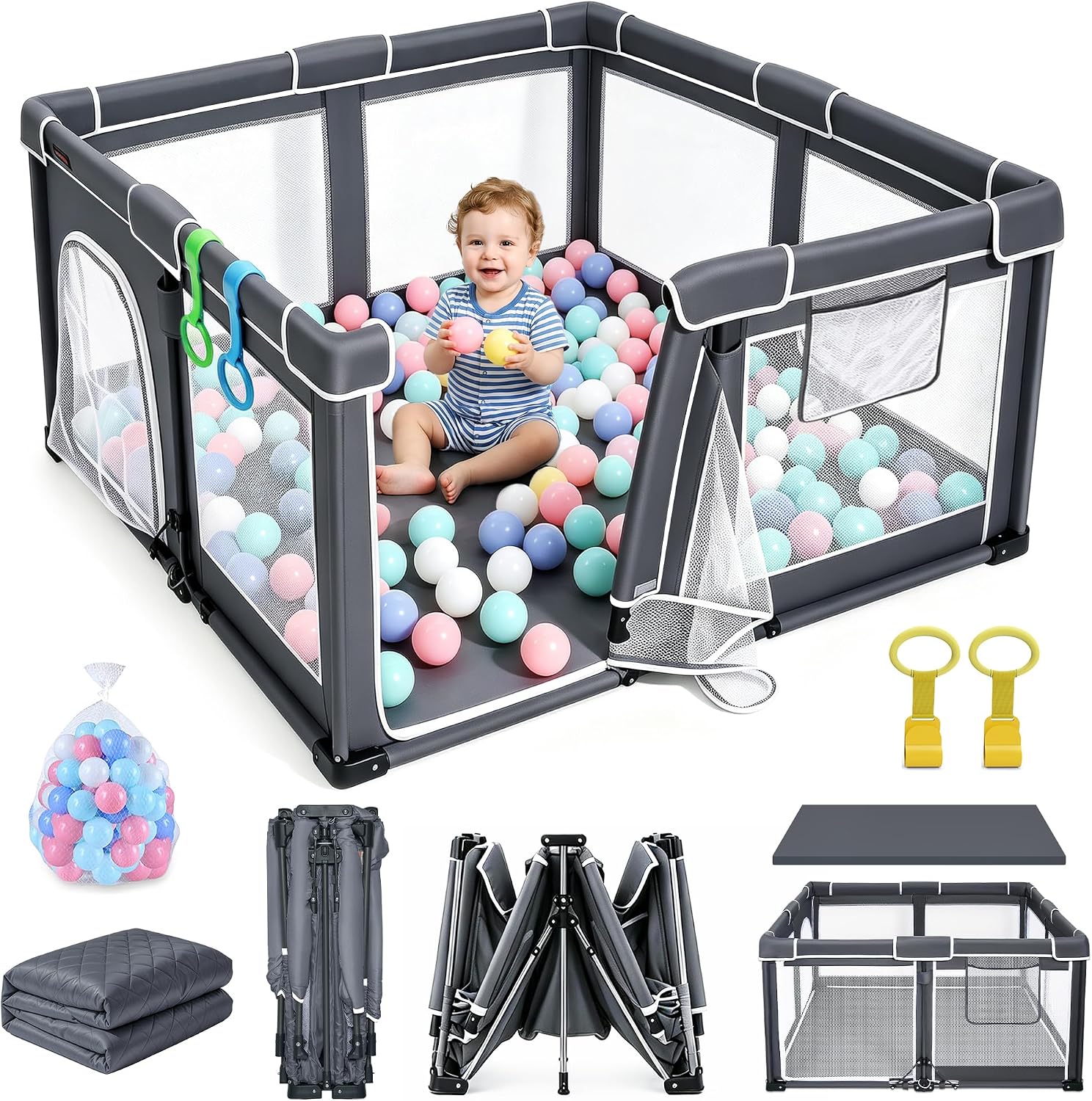 180x150 Foldable Baby Playpen with Mat, Portable Playpen 1-Min Setup