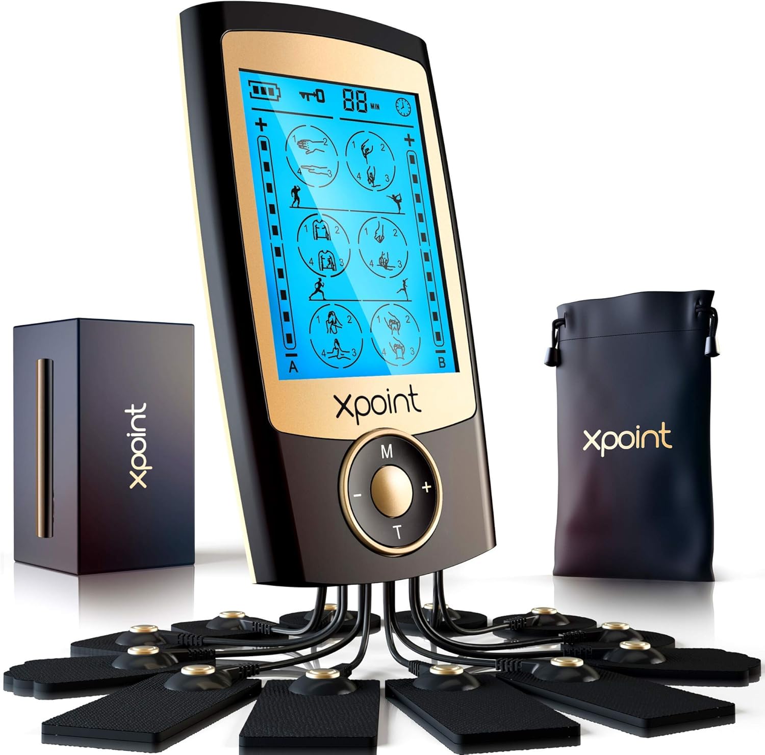 Xpoint Dual Channel Luxury TENS EMS Unit Muscle Stimulator | 16 Modes, 12 Large Electrode Pads | Back, Shoulder, Neck, Sciatica, Max Power Pain Relief Device, Rechargeable Physical Therapy | Black
