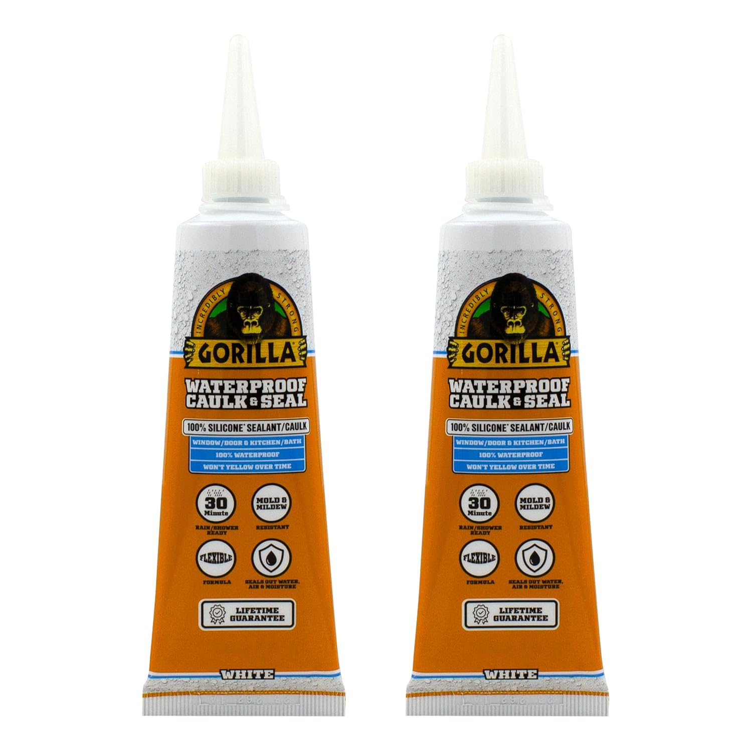 Gorilla Waterproof Caulk & Seal 100% Silicone Sealant; White; 2.8oz Squeeze Tube (Pack of 2)
