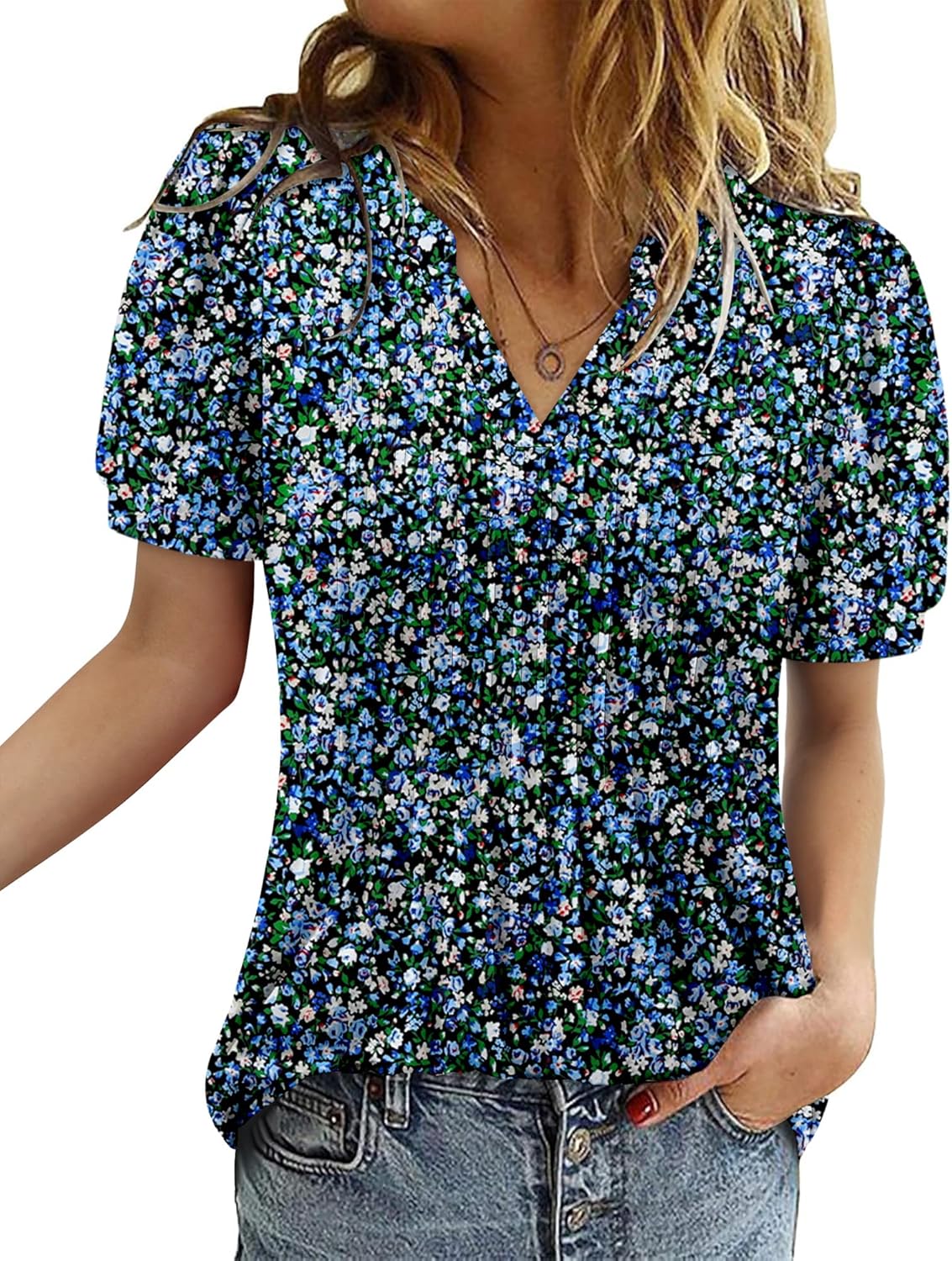 ROSELINLIN Womens Short Sleeve Shirts Loose Summer Floral Tunic Tops
